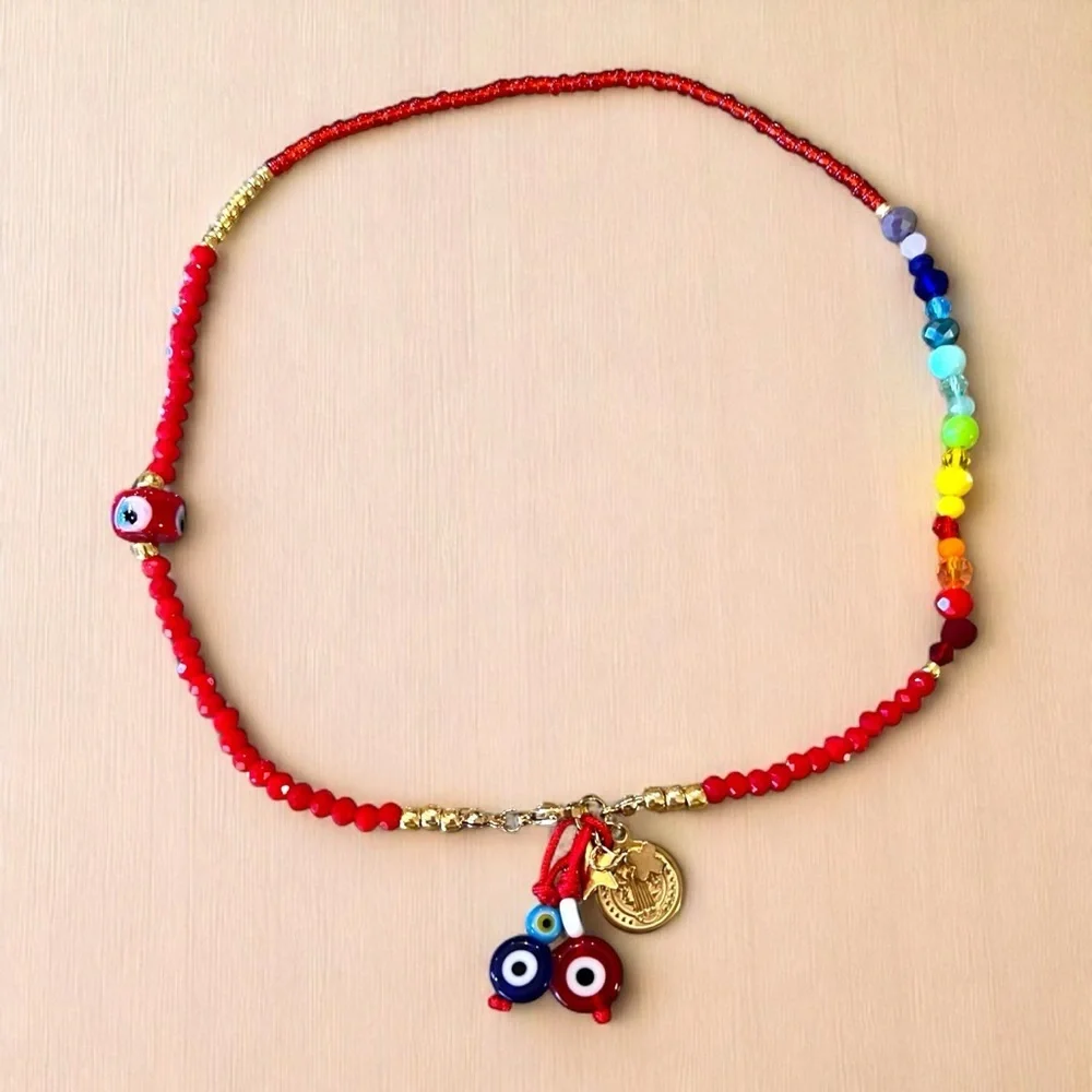 Vibrant Red Hand Beaded Rainbow and Evil Eye Protection Necklace 16”